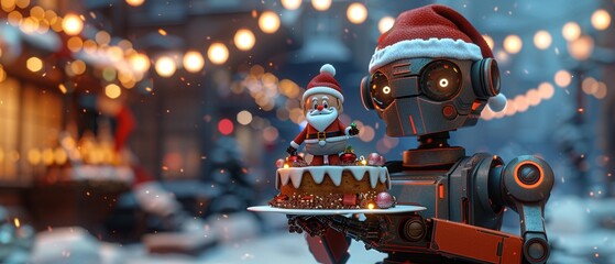 A festive holidaythemed artwork showing a robot adorned with seasonal decorations, holding a cake topped with a model of a tiny, robotic Santa Claus, ready to serve at a futuristic Christmas party, bl - obrazy, fototapety, plakaty