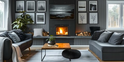 Creating a Mockup of a Cozy Living Room Fireplace Wall with Black and White Photographs Capturing Everyday Moments. Concept Interior Design, Cozy Living Room, Fireplace Wall