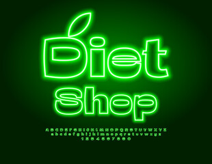 Vector Glowing signboard Diet Shop. Green Neon Font. Electric Alphabet Letters and Numbers.