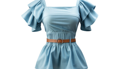 A woman exudes grace in a flowing blue dress complimented by a chic brown belt