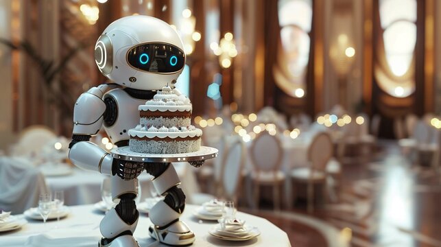 An animatedstyle illustration depicting a small, friendly robot holding a multitiered wedding cake, carefully navigating through a crowded reception to deliver the masterpiece to the bride and groom, 