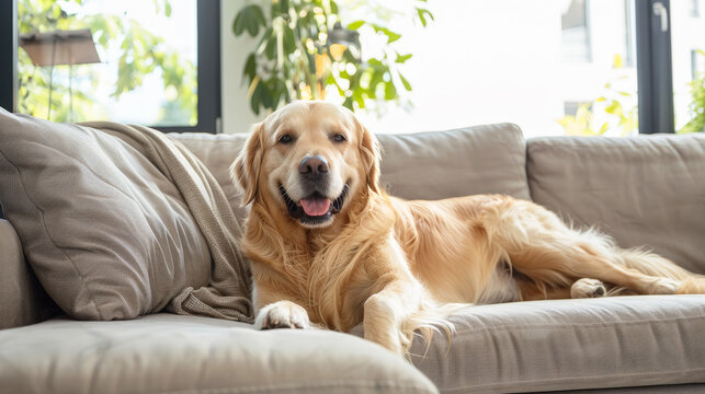 Golden Retriever Relaxation: Cozy Living Room Vibes. Generative AI