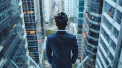 Fototapeta na wymiar Thoughtful Young Businessman in a Perfect Tailored Suit Standing in His Modern Office Looking out of the Window on Big City in the Evening. Successful Finance Manager Planning AI Generated