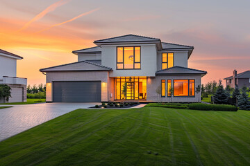 A modern suburban house at dawn, with a well-manicured lawn and a driveway leading to a garage, two...
