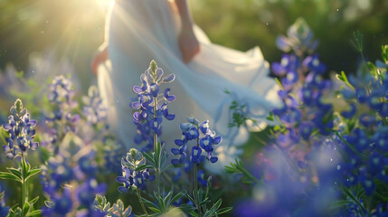 Beautiful bride in a field of bluebonnets at sunset. blue lupine flowers. lavender flowers.