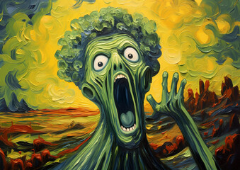 In front of a swirling background,a green character is depicted with a shocked and horrified expression.The character's mouth is open screaming,his eyes are bulging,his hair is like broccoli.AI genera - obrazy, fototapety, plakaty