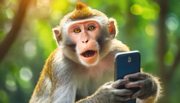 Monkey taking a selfie with a smartphone, illustration.