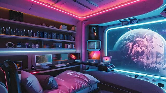 a futuristic teenager's room on an orbital station. a breathtaking view of Earth. Generative AI
