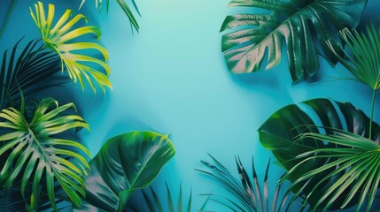 Fototapeta na wymiar Mystical fantasy wild neon jungle background. fFat lay with leaves in vibrant gradient holographic neon colors. Ai-generated.