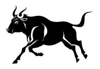Dynamic black silhouette of a charging bull, symbolizing strength and power in vector form