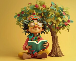 Reading Pose The character sitting under a tree, reading a book with a serene expressionbohemian, hippie style ,3D cartoon ,high detailed