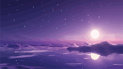 Night fantasy landscape starry sky. Reflection of moon