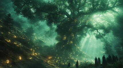 Fantasy Worlds. Mystic Woods. An enchanted forest with magical beings