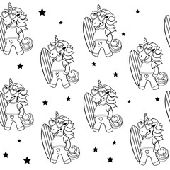 Cute summer unicorn with surfboard seamless pattern. Vector illustration coloring book for children - 766482760