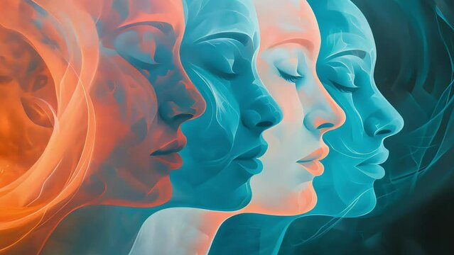 women for the soul painting print, in the style of illusory gradient, dark cyan and orange, serene faces. Generative AI