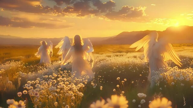 Dancing angels on a flower field, at sunset. Generative AI