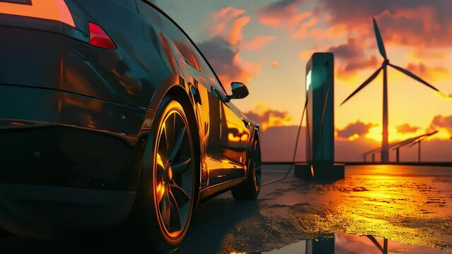 A sustainable energy concept with an electric car on a charging station, solar panels and a windmill in the background. Generative AI