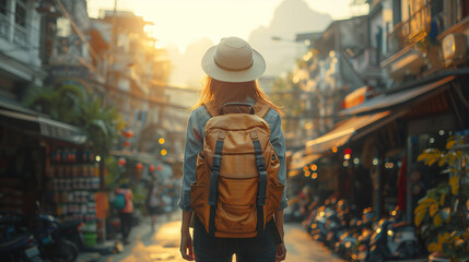 Woman traveling alone with hat and backpack on a street in an Asian city at sunset.