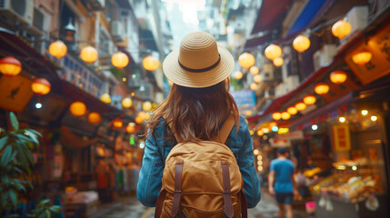Traveler and adventurer woman with hat and backpack walking through street markets in Southeast Asia. Back view. Vacation and travel concept.