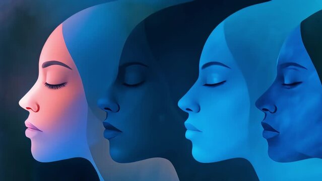 women for the soul painting print, in the style of illusory gradient, dark cyan and orange, serene faces. Generative AI
