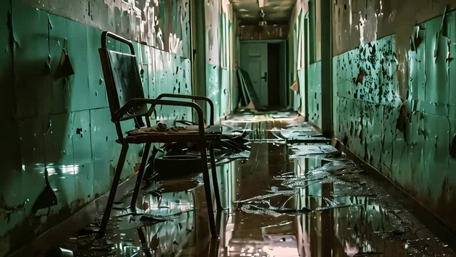 A corridor in a bunker complex. puddles on the floor, an overturned old metal chair. decay and disintegrate. Generative AI