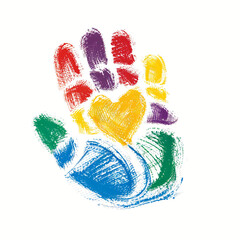 Grunge hand with heart in rainbow colors isolated on white background. World Kindness Day. Child mental health, autism. Help, love, humanitarian aid, charity concept