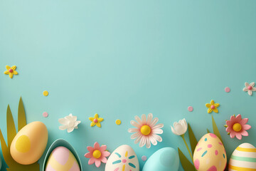 Fototapeta na wymiar Easter eggs on blue pastel background - festive spring illustration.