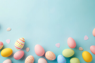 Fototapeta premium Easter eggs on blue pastel background - festive spring illustration.