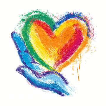 Grunge hand with heart in rainbow colors isolated on white background. World Kindness Day. Child mental health, autism. Help, love, humanitarian aid, charity concept