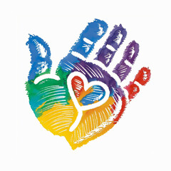 Grunge hand with heart in rainbow colors isolated on white background. World Kindness Day. Child mental health, autism. Help, love, humanitarian aid, charity concept