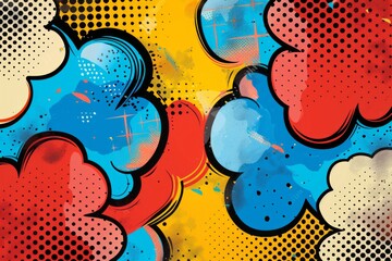 pop art inspired pattern with bold, graphic colors such as primary red, yellow, and blue featuring comic book style halftone dots and speech bubbles.