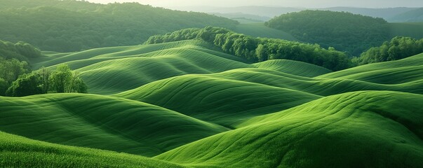 A background image showing some green hills, in the style of organic forms and patterns, large canvases