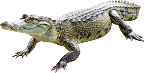 Young American alligator lounging isolated, cut out transparent