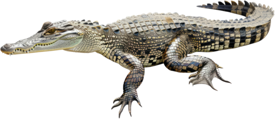 Young American alligator lounging isolated, cut out transparent