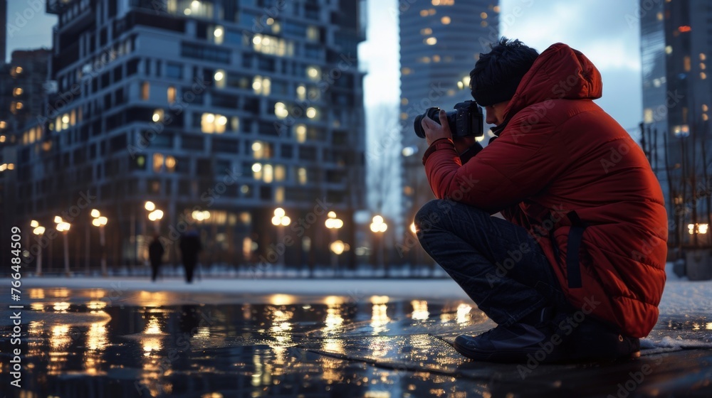 Poster a man in a red jacket taking a photo. suitable for photography or travel concepts