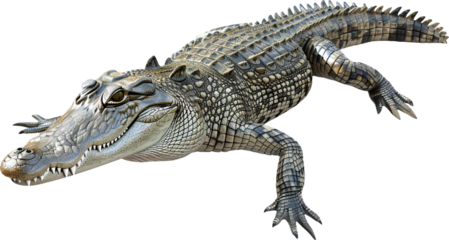 Young American alligator lounging isolated, cut out transparent