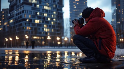 Fototapeta na wymiar A man in a red jacket taking a photo. Suitable for photography or travel concepts