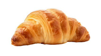 A close-up of a buttery croissant resting on a pristine white background