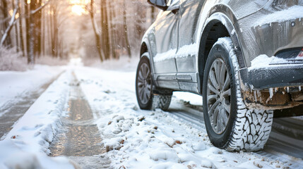 Winter Travel: Gray Car with Snow Tires. Generative AI
