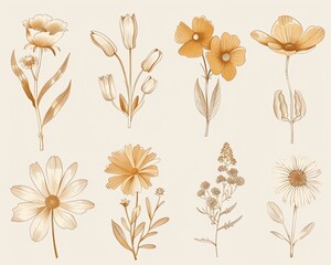 Gentle Strokes Crafting Elegant Flora Icons through Classic HandDrawn Sketches,illustration ,clean sharp focus