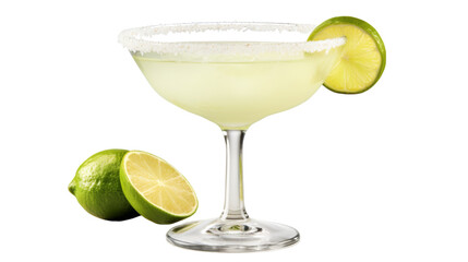 A Margarita cocktail adorned with fresh limes on a pristine white background