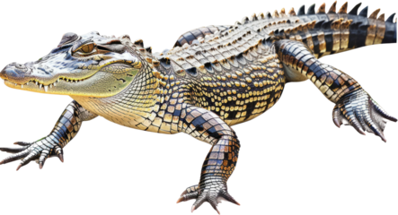 Young American alligator lounging isolated, cut out transparent