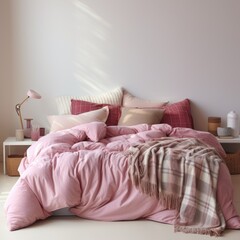 A cozy pink and white bedroom with a large bed, pillows, and a blanket.