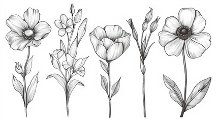 Artistry in Bloom The Elegance of HandDrawn Flora Icons in Classic Sketch Style,illustration ,clean sharp focus