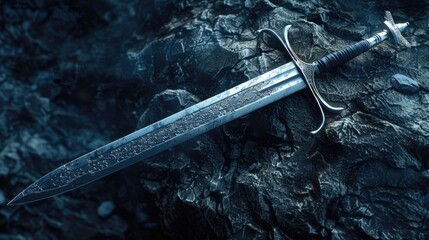 A sword stuck in a rock in a dark setting. Suitable for fantasy or historical themes