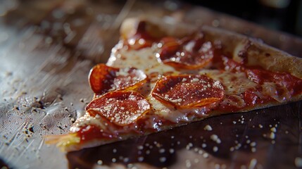 A slice of pepperoni pizza on a rustic wooden cutting board. Perfect for food blogs and restaurant menus