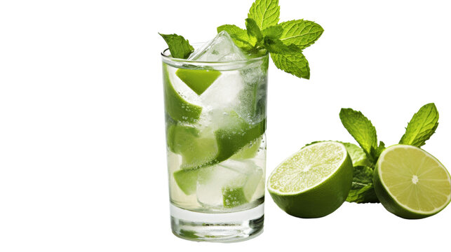 A glass of mojito filled with fresh lime and mint garnish