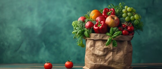 Fresh organic vegetables and fruits in a recycled paper shopping bag on the green background with copy space. - obrazy, fototapety, plakaty