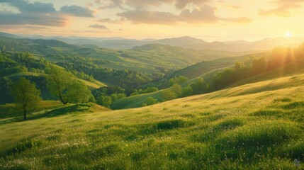 Beautiful sunset scene over a lush green valley. Ideal for nature and landscape concepts