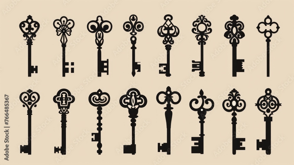 Poster A bunch of keys on a table, suitable for various concepts and designs